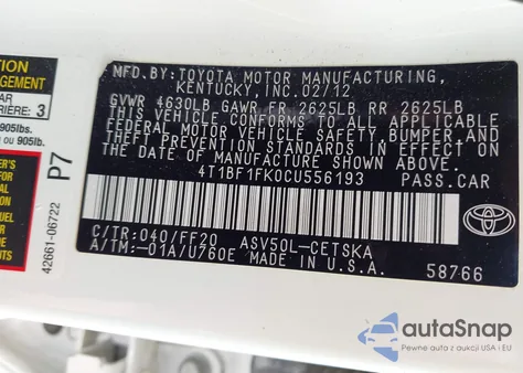 2012 Toyota Camry Se из США, поврежденный, VIN 4T1BF1FK0CU556193